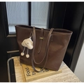 Dark brown faux leather tote bag with white contrast stitching and cloud charm - With Pendant / Brown