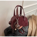 Premium wine red crossbody square bag in mixed suede and leather with ice cream charm - Wine Red With Keychain