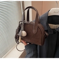 Brown faux suede crossbody bag with baseball charm and top dual handles - Coffee with Charm