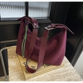Retro burgundy suede bucket tote bag with wide leather strap and woven drawstring - Burgundy