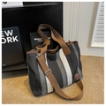 Striped large tote bag in black, grey and white weave with brown adjustable straps - Black