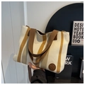 Canvas tote bag with brown and yellow vertical stripes and a leather logo badge - Off-white