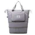 Grey waterproof travel bag with multi-layer expandable bottom and woven logo - Gray