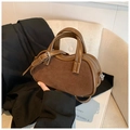 Minimalist vintage brown suede boston bag with leather handles and fashion logo - Caramel color