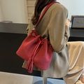 Vintage burgundy frosted leather bucket bag with fringe drawstring and shoulder strap - Burgundy