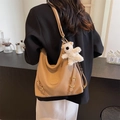 Light khaki large capacity tote bag with bear charm and adjustable side buckle for women - Khaki (With Charm)