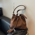 Vintage dark brown frosted suede bucket bag with drawstring tassel and adjustable strap - Coffee
