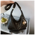 Large capacity retro black faux leather hobo bag with a stylish baseball charm accessory - With Charm / Black