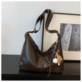 Vintage dark brown large capacity crossbody hobo bag featuring a baseball keychain - With Charm / Brown