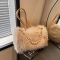 Plush cream shoulder bag with pearl chain and camel leather straps for women - Khaki