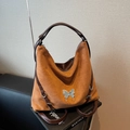 Borsa hobo in camoscio marrone con farfalla d'argento e manici in pelle scura - Marrone