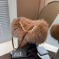 Brown faux fur plush bag with pearl handle and leather shoulder strap for women - Coffee
