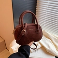 Deep brown matte suede handbag with dual top handles and adjustable shoulder strap - Brown