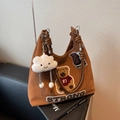 Grand cabas vintage marron avec broderie ours et pendentif nuage en peluche doux - Avec Pendentif / Marron