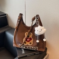 Sac fourre-tout marron Maillard vintage avec broderie ours et pendentif peluche - Avec Pendentif / café