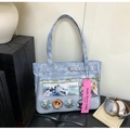 Light blue Oxford cloth Ita bag with transparent heart window and lace details - Blue
