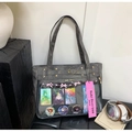 Dark grey large capacity oxford cloth ita bag with transparent window and heart buckle - Black