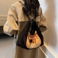 Borsa tote da donna in velluto a coste nero con ricamo di gatto e stile zaino casual - Nero