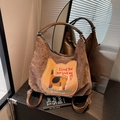 Borsa tote in velluto a coste marrone con ricamo di gatto e manici in pelle vintage - caffè