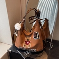 Brown tote bag with bear embroidery, varsity style patches and plush cloud charm - With Pendant / Brown
