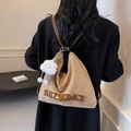 Khaki suede shoulder bag with HEYDAY plush embroidery and cute cloud pendant charm - Khaki
