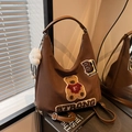 Brown college style tote bag with teddy bear embroidery and plush cloud keychain - With Pendant / Coffee
