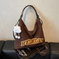 Dark coffee large tote bag with HEINDAY embroidery and cloud plush charm - Coffee