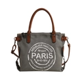 Deep grey canvas tote bag with brown leather handles and Paris vintage emblem - White and Gray Patchwork