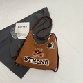 Brown tote bag with bear embroidery, varsity patches and adjustable leather strap - No Pendant / Brown