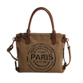 Khaki canvas tote bag with Paris lettering and brown leather handles for daily use - Brown and Black