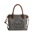 Vintage olive canvas tote bag with brown leather handles and Paris postmark print - Grey and Black