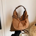 Grand sac fourre-tout en daim patchwork marron avec cordon de serrage orange - Marron