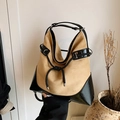 Grand sac cabas en daim beige et noir avec poignée en cordon tressé élégant - Kaki