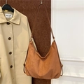 Brown suede minimalist hobo tote bag with zipper closure and slim shoulder strap - Brown No Pendant