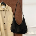 Minimalist matte black hobo shoulder bag in faux suede with adjustable gold buckle strap - Black without Pendant