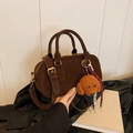 Retro brown suede bowling handbag with dog plush charm and detachable strap - Brown