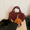 Vintage burgundy frosted bowling bag for women with a cute teddy bear plush charm - Red