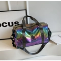 Close-up of holographic duffel bag showing iridescent material and NINGJIA logo - Multicolor