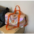 Detail view of holographic travel bag with orange straps and separate shoe compartment - Orange