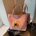 Grand sac cabas gris-rose avec broderie chat, anses en cuir et détails zippés élégants - Rose