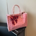 Borsa tote da sposa in tela rosa con stampe Xi e fiocco in nastro di seta rossa - Grande / Rosa