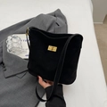 Fashionable black faux suede shoulder bag with gold metal lock for daily commuting - No Pendant / Black