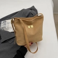 Chic camel faux suede bucket bag with gold twist lock and adjustable shoulder strap - No Pendant / Khaki