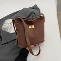 Vintage dark brown suede shoulder bag with golden lock and red contrast strap - No Pendant / Coffee