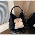 Large black PU leather tote bag with white plush animal patch and versatile shoulder strap - Puppy Black
