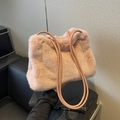 Pink faux fur tote bag with synthetic leather handles for winter fashion style - Pink