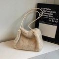 Chic beige faux fur shoulder bag for women with soft plush texture and slim straps - Khaki