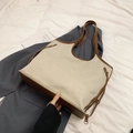 Minimalist beige canvas tote bag with dark brown leather trim and long shoulder straps - Beige Brown Without Pendant