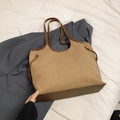 Brown canvas and leather tote bag with side drawstrings and long handles for daily work - Khaki (No Pendant)