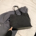 Black canvas and leather patchwork large tote bag with double handles for daily use - Black without Pendant